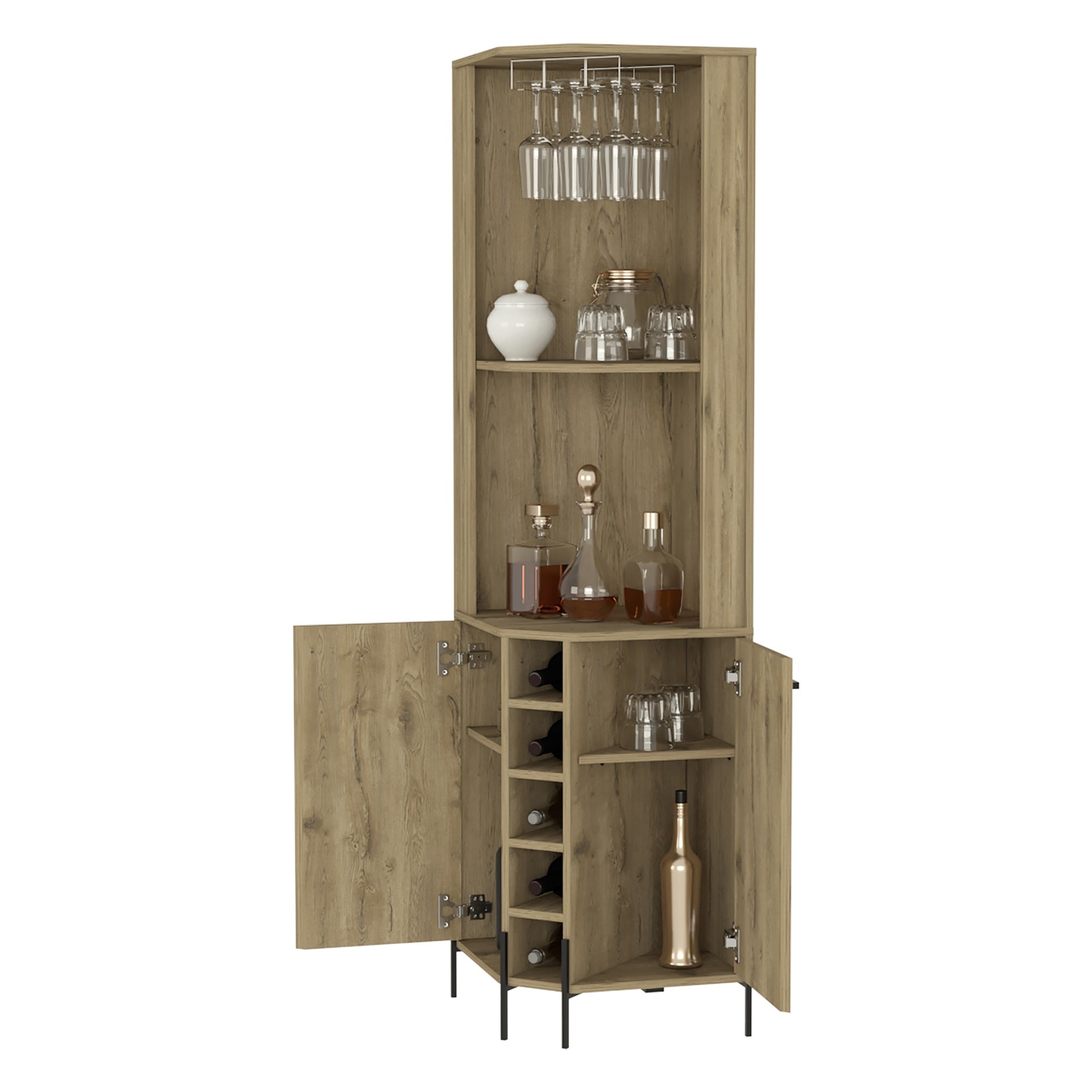 Reese Corner Bar Cabinet, Two Shelves, Double Door Cabinet, Five Built-in Wine Rack, Four Interior Shelves