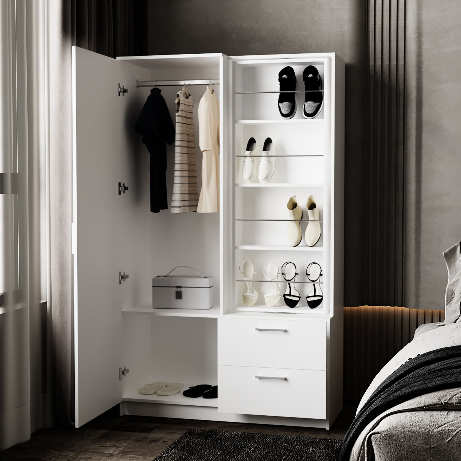 FM FURNITURE Thatcher Armoire- wardrobe, shoe storage and 2 - drawer, White