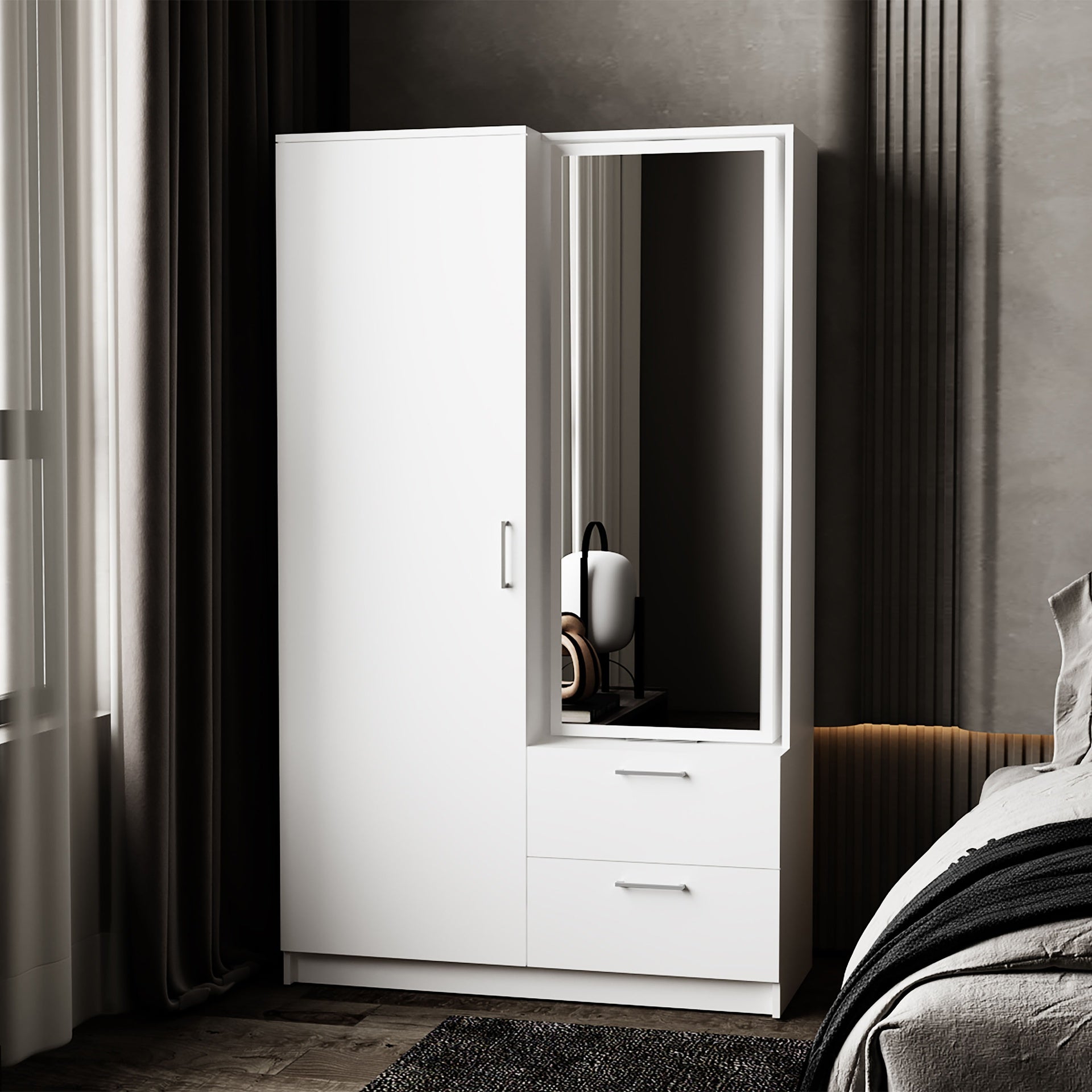 FM FURNITURE Thatcher Armoire- wardrobe, shoe storage and 2 - drawer, White