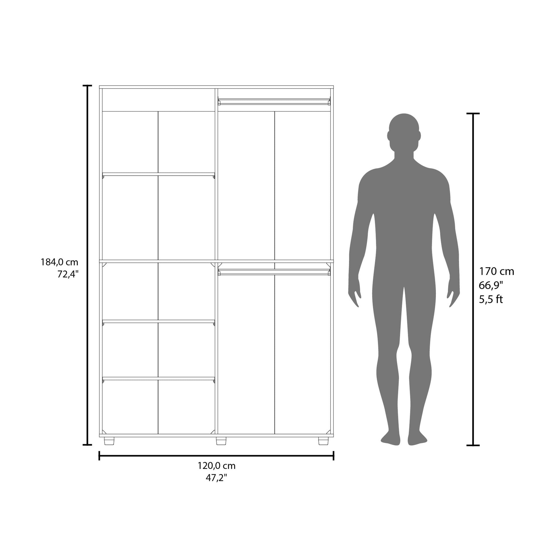 Ollie 2-Door Wardrobe with Open Storage, Grey Walnut and White