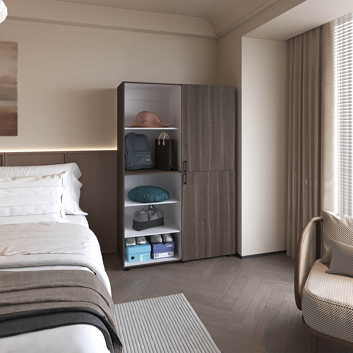 Ollie 2-Door Wardrobe with Open Storage, Grey Walnut and White