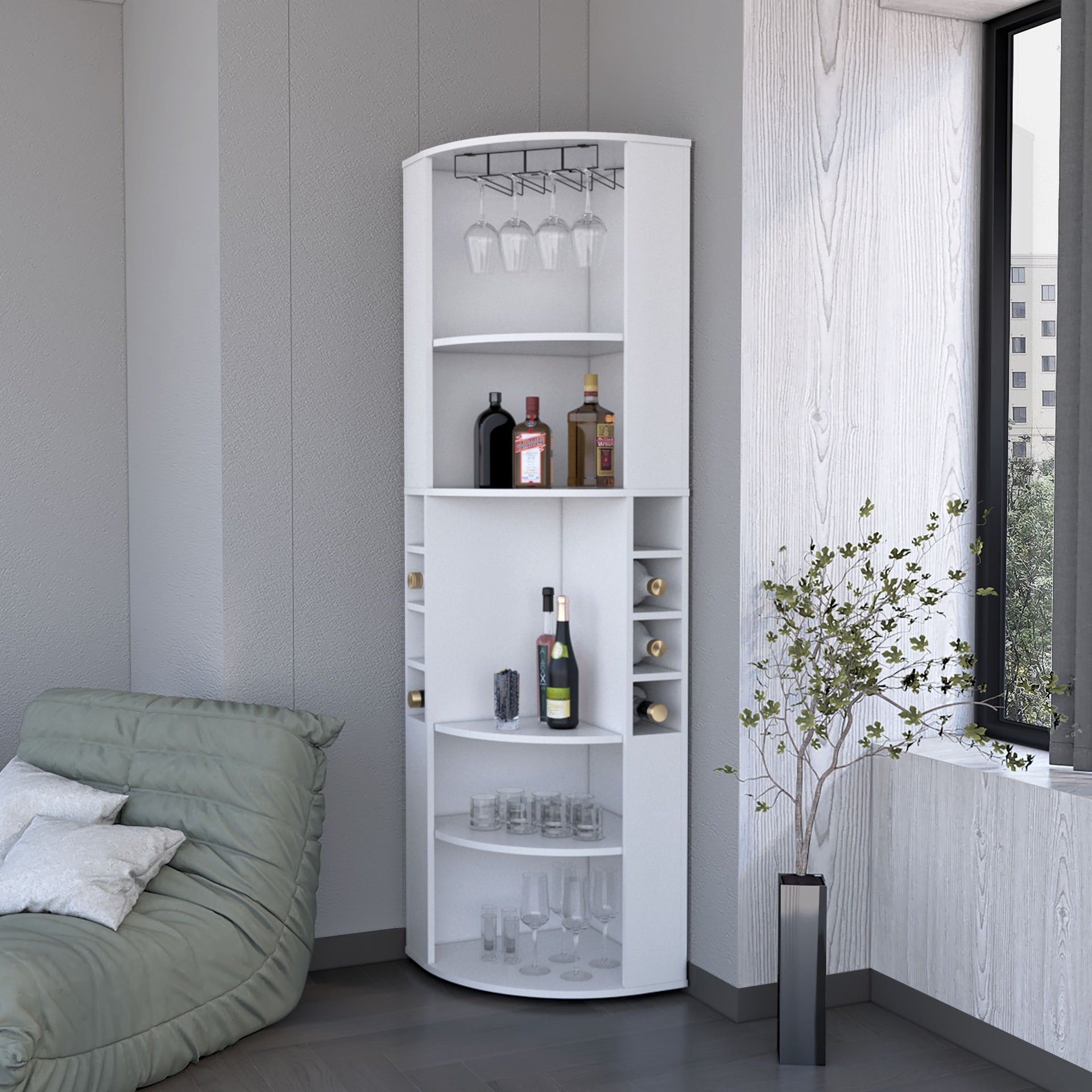Clifton Corner Bar Cabinet, with 5 shelves, Cup Hanger and Eight Built-in Wine Rack