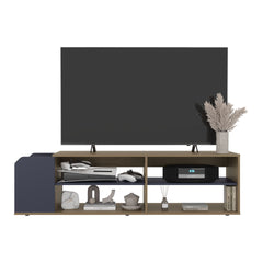 Modern TV Stand, Entertainment Console with Open Shelves, Navy blue and Naatural Oak