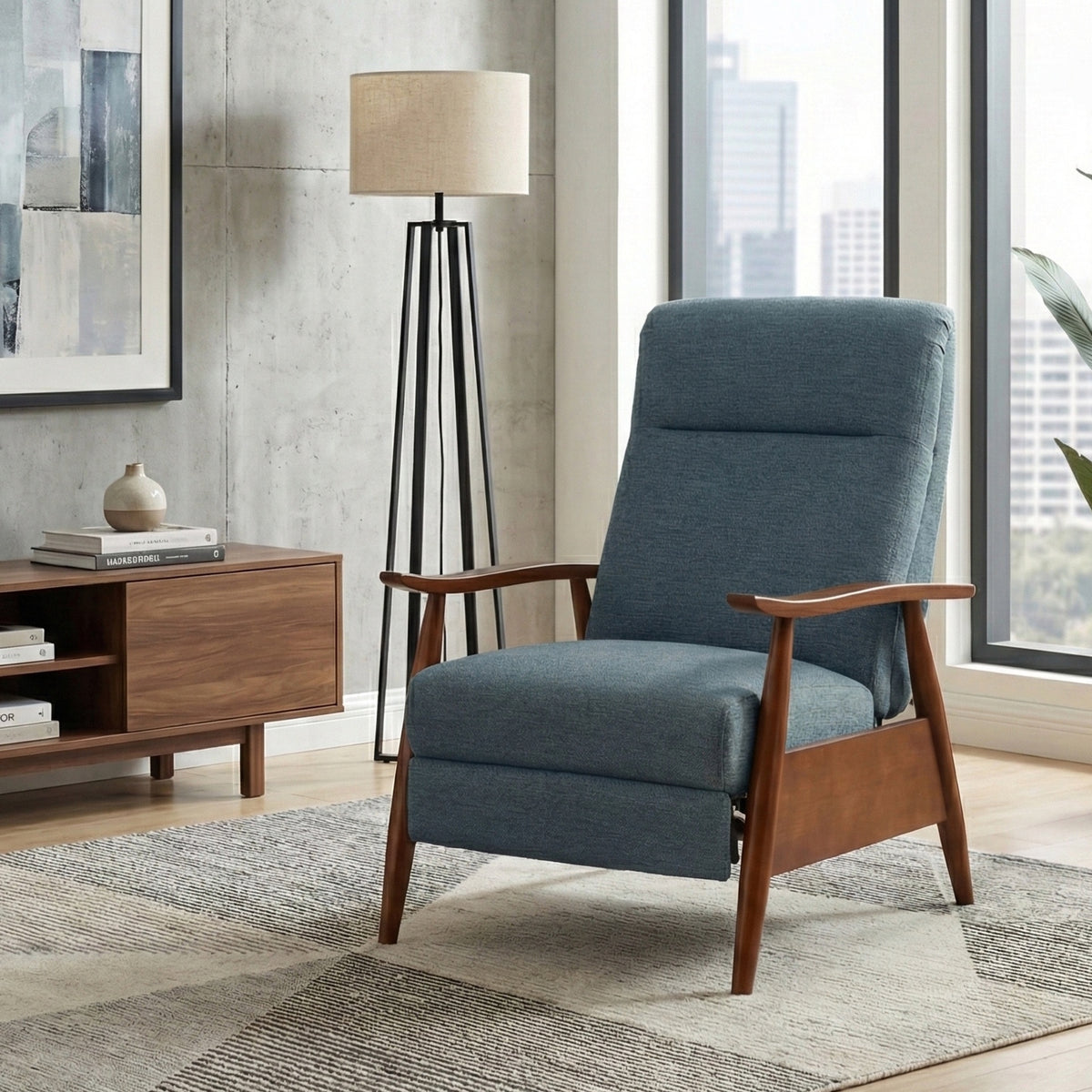Tustin Wood Arm Push Back Recliner in Performance Fabric - Denim