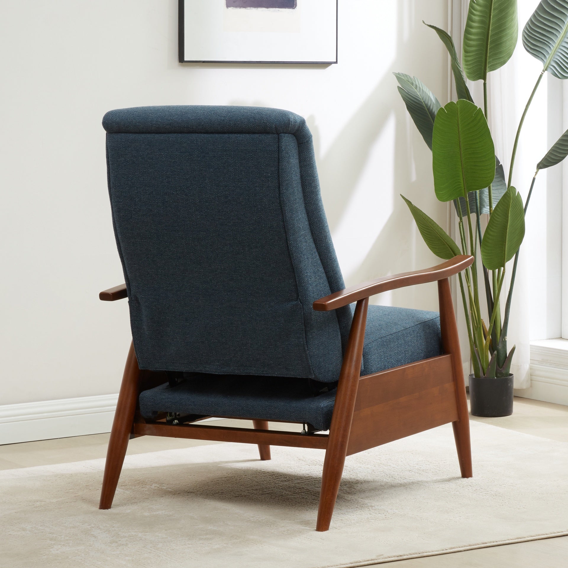 Tustin Wood Arm Push Back Recliner in Performance Fabric - Denim