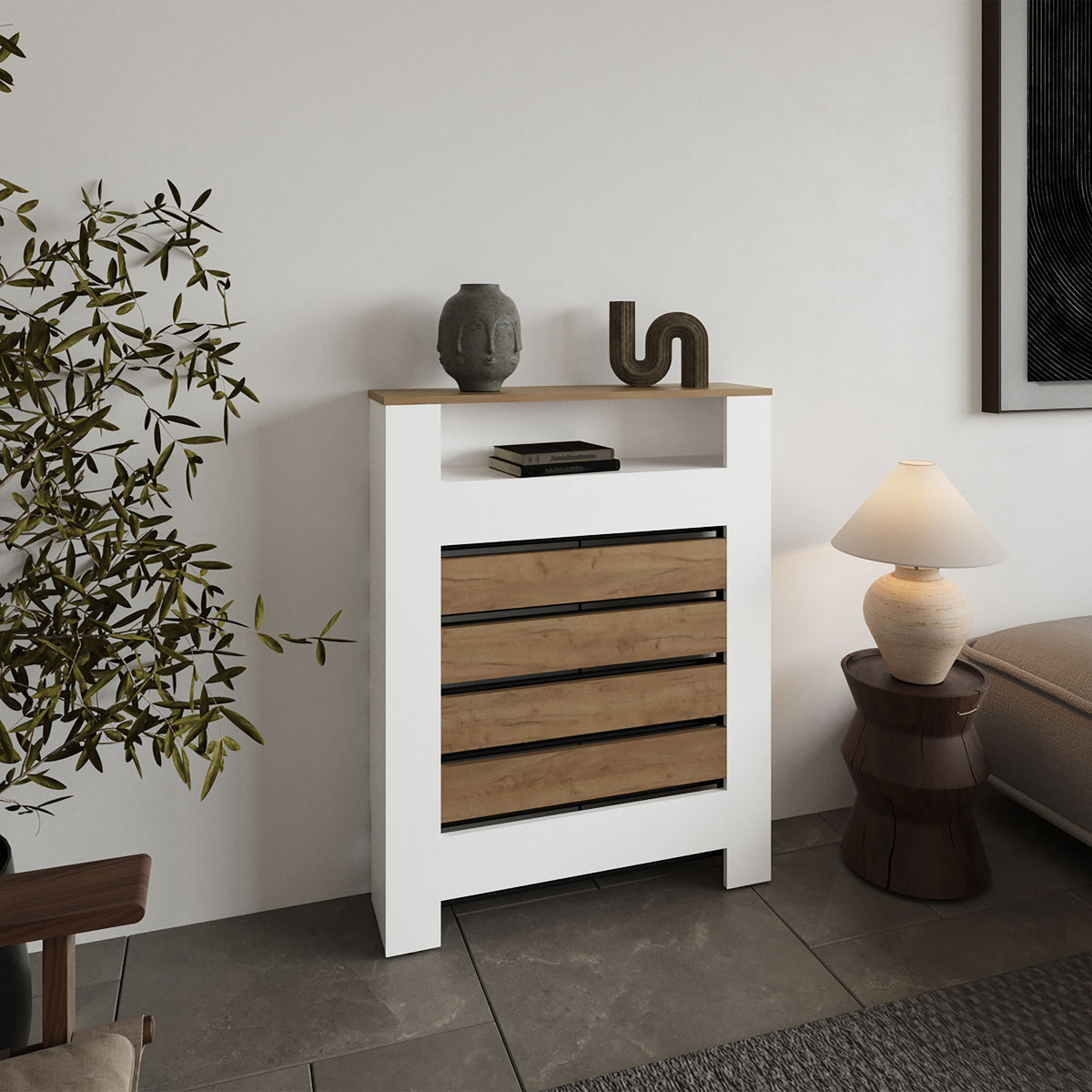 Radiator Cover Mistral Cabinet with Slatted Panel, Modern Home Furniture for Heating Units, Ventilated Decorative Enclosure, Light Oak