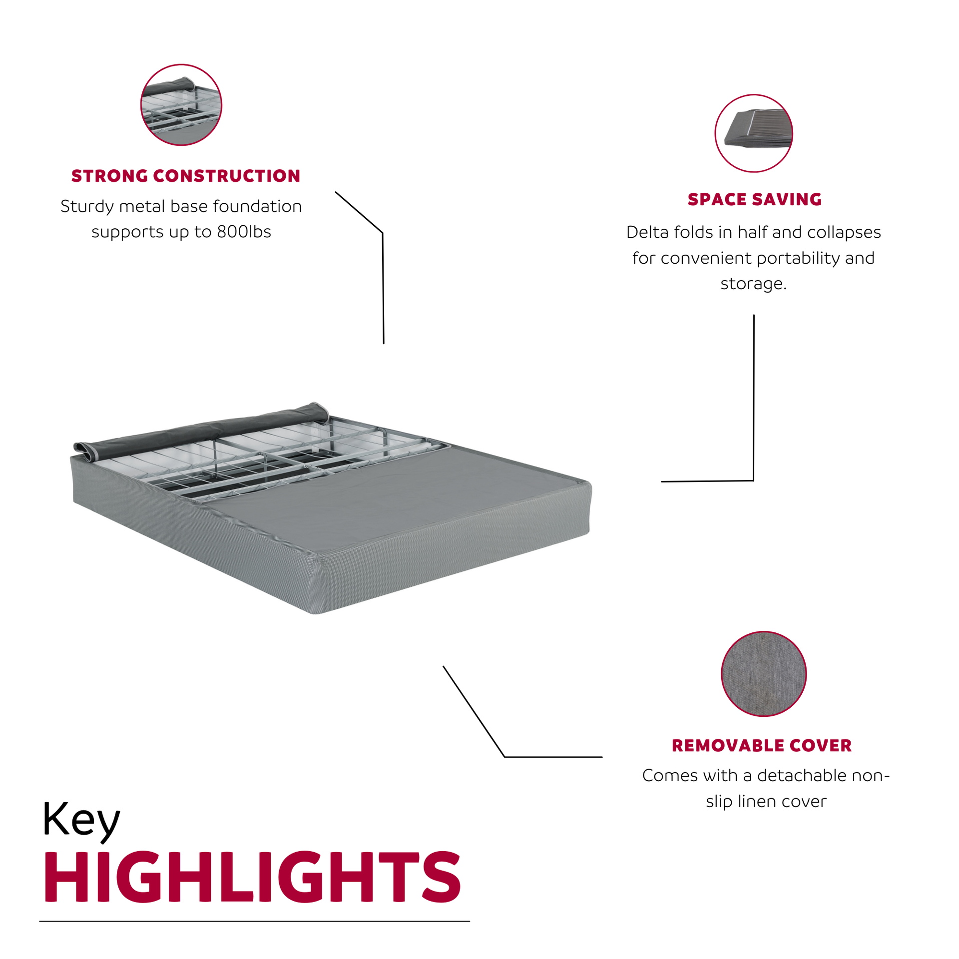 Foldable 9 in. Metal Mattress Bed Base, Full-Size Box Spring Foundation Bed, Grey