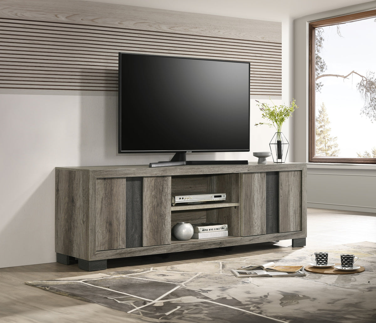1pc Entertainment Console Rustic Charm Weathered Wood Finish Open Shelf Living Room Furniture