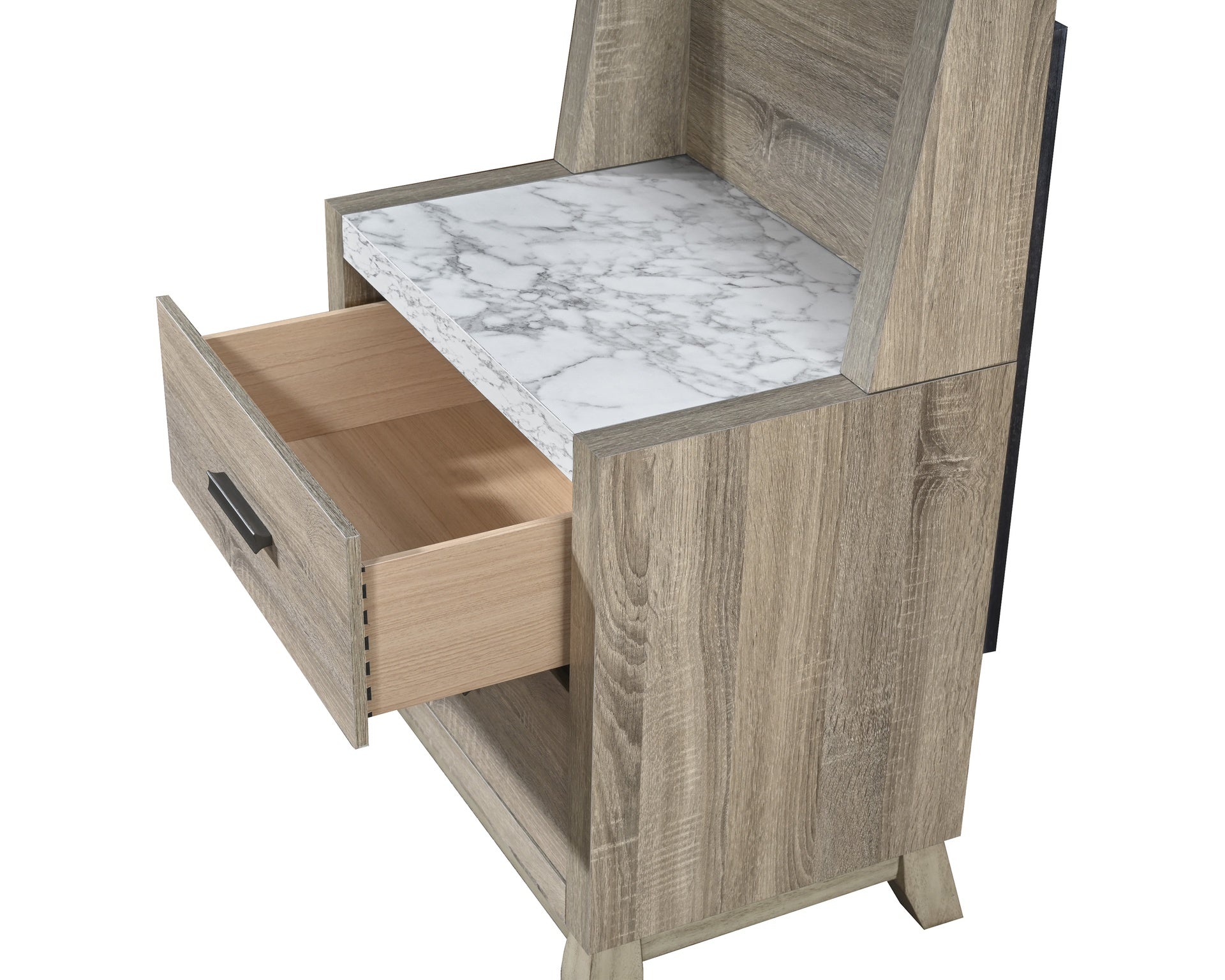 1pc Rustic Transitional Contemporary Nightstand Wall Panel Natural Brown Faux Stone Top w/LED Light Bed Side Cabinet