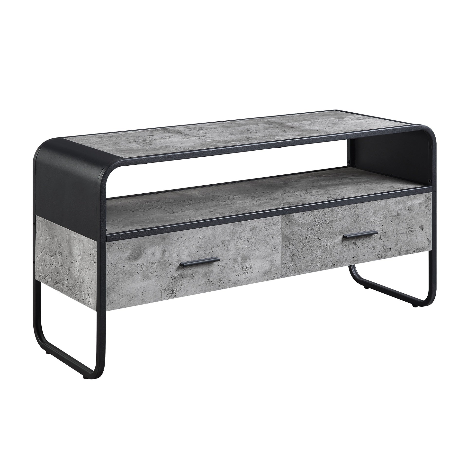 Modern Sleek Design Black Finish TV Stand with Shelf Storage Drawers Frame Concrete Gray Luxury Living Room Furniture 1pc