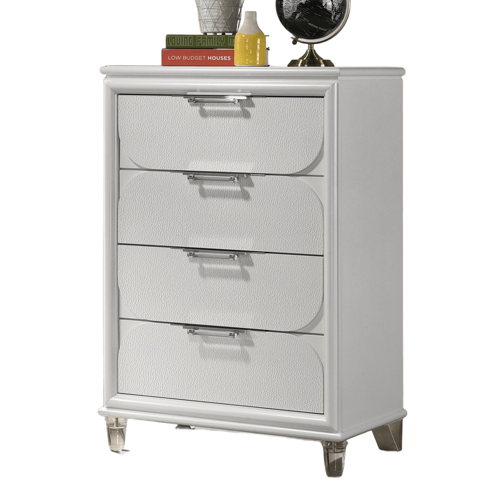 Contemporary Glam Pearl White 1pc Chest of Drawers Acrylic Handles Embossed Panels English Dovetails 5-Drawers Tall Dresser