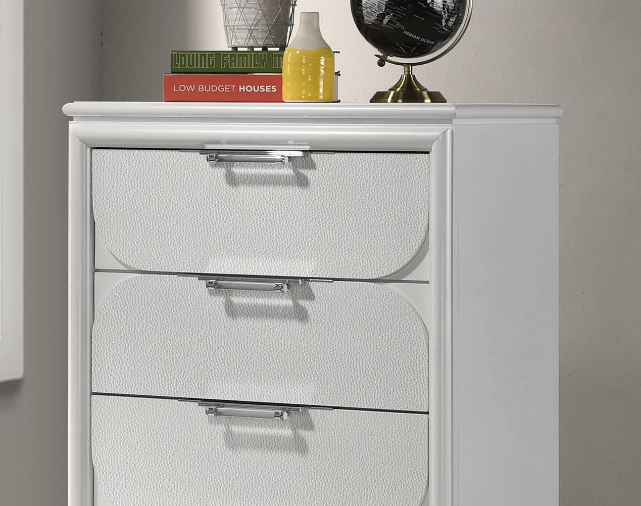 Contemporary Glam Pearl White 1pc Chest of Drawers Acrylic Handles Embossed Panels English Dovetails 5-Drawers Tall Dresser