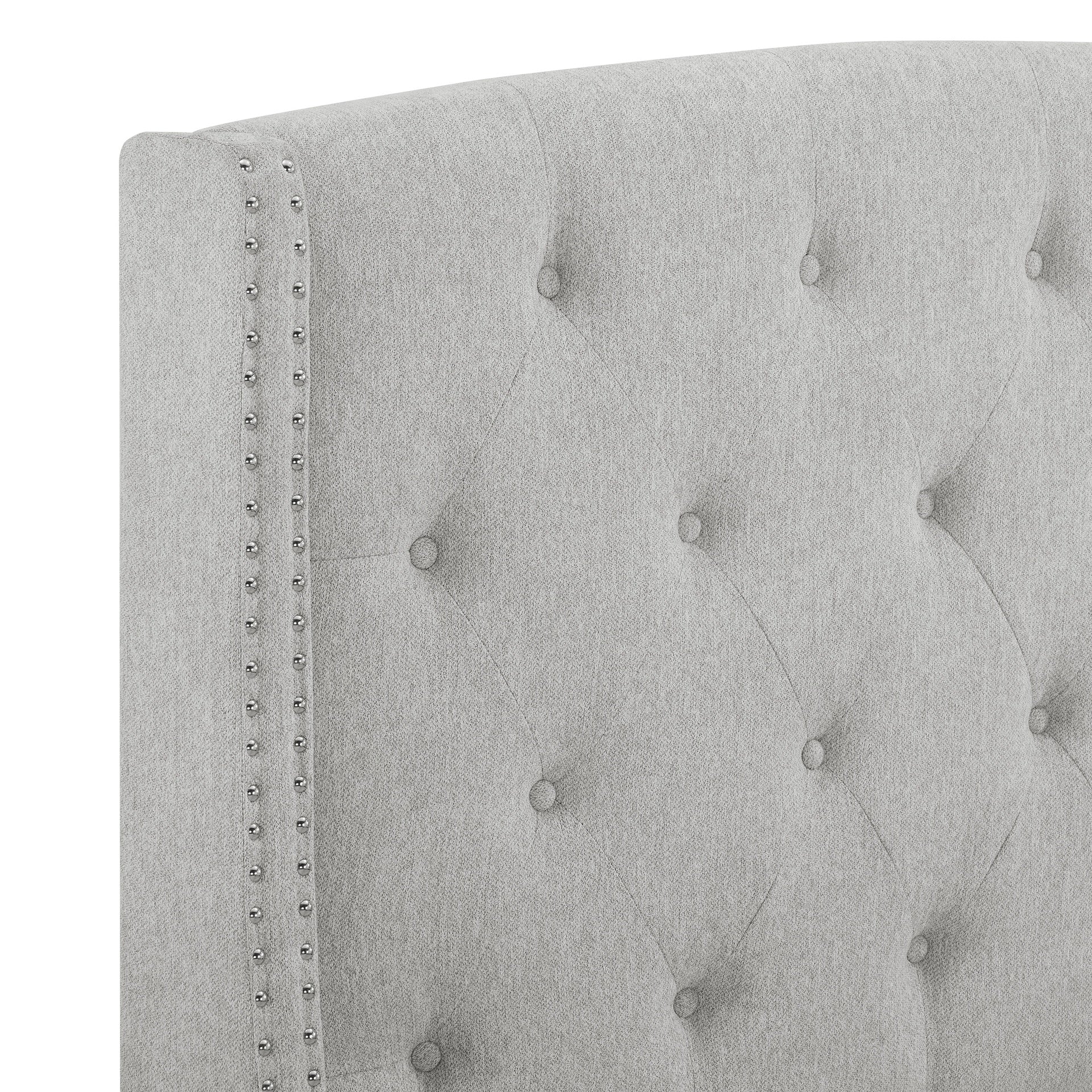 1pc King Size Upholstered Panel Bed Button Tufted Nail head Dove Gray Wood Fabric Bedroom Furniture
