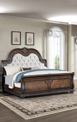 1pc Traditional Style Faux Leather Upholstered Headboard Button Tufted Formal Bedroom Furniture Formal King Sleigh Bed Coffee Brown Finish