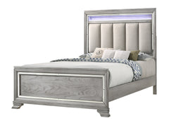 1pc Queen Size Panel Bed Integrated Led Lighting Tufted Headboard Wood Grain Soft Gray Finish Wooden Solid Wood Furniture