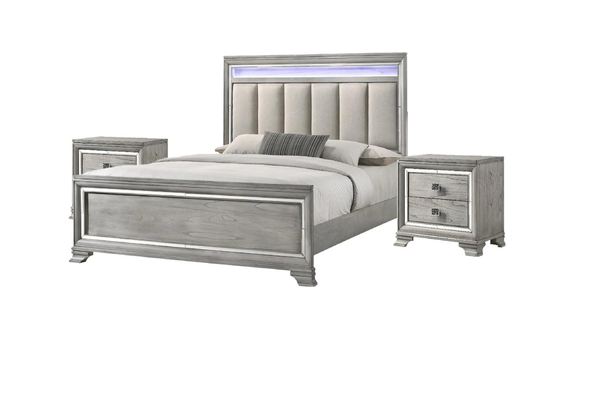 1pc King Size Panel Bed Integrated Led Lighting Tufted Headboard Wood Grain Soft Gray Finish Wooden Solid Wood Furniture