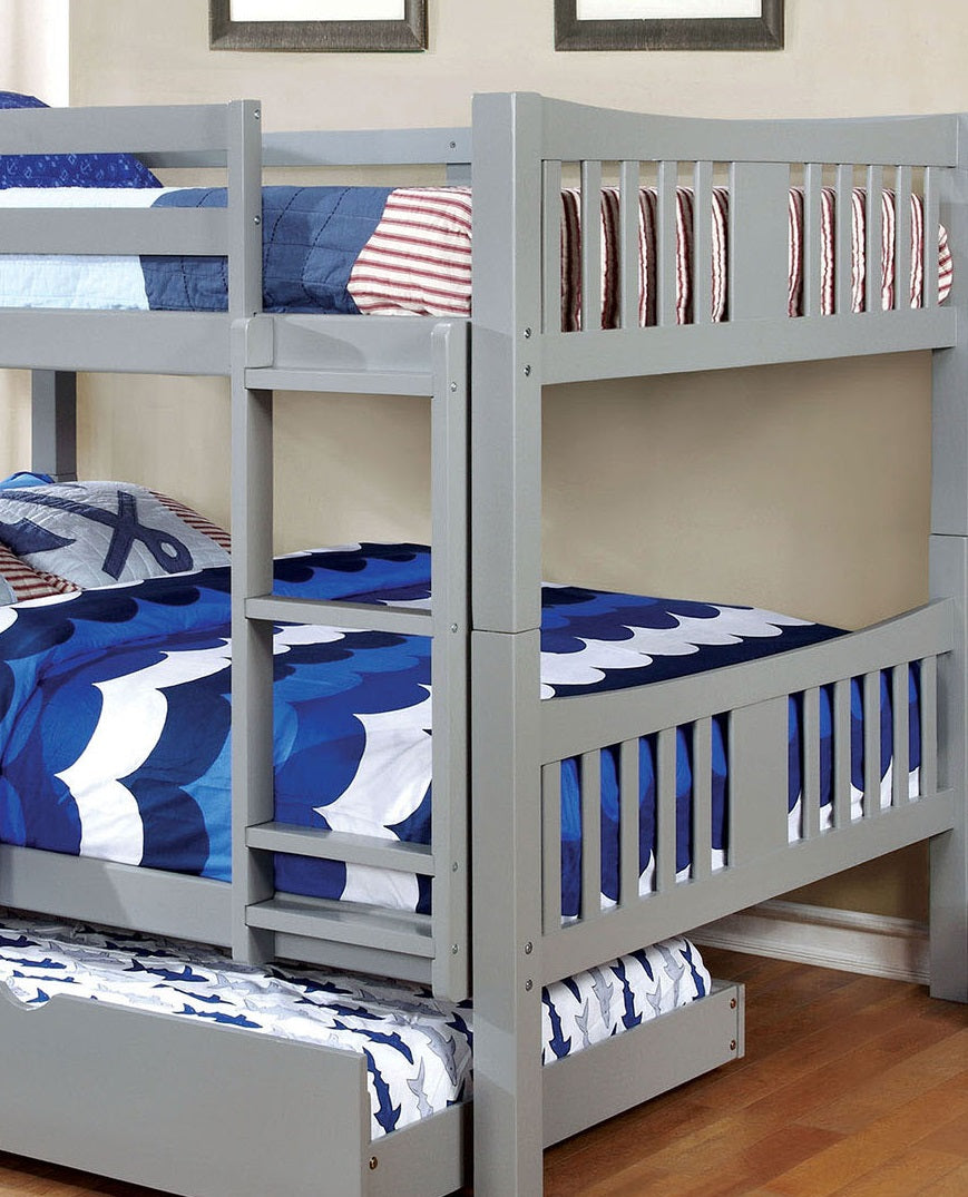Full Over Full Bunk Bed Gray Finish Transitional Style Attached Ladder Upper Bed Rails Lock Joint Structure And Trundle-Included