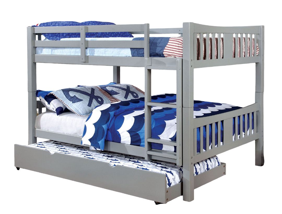 Full Over Full Bunk Bed Gray Finish Transitional Style Attached Ladder Upper Bed Rails Lock Joint Structure And Trundle-Included