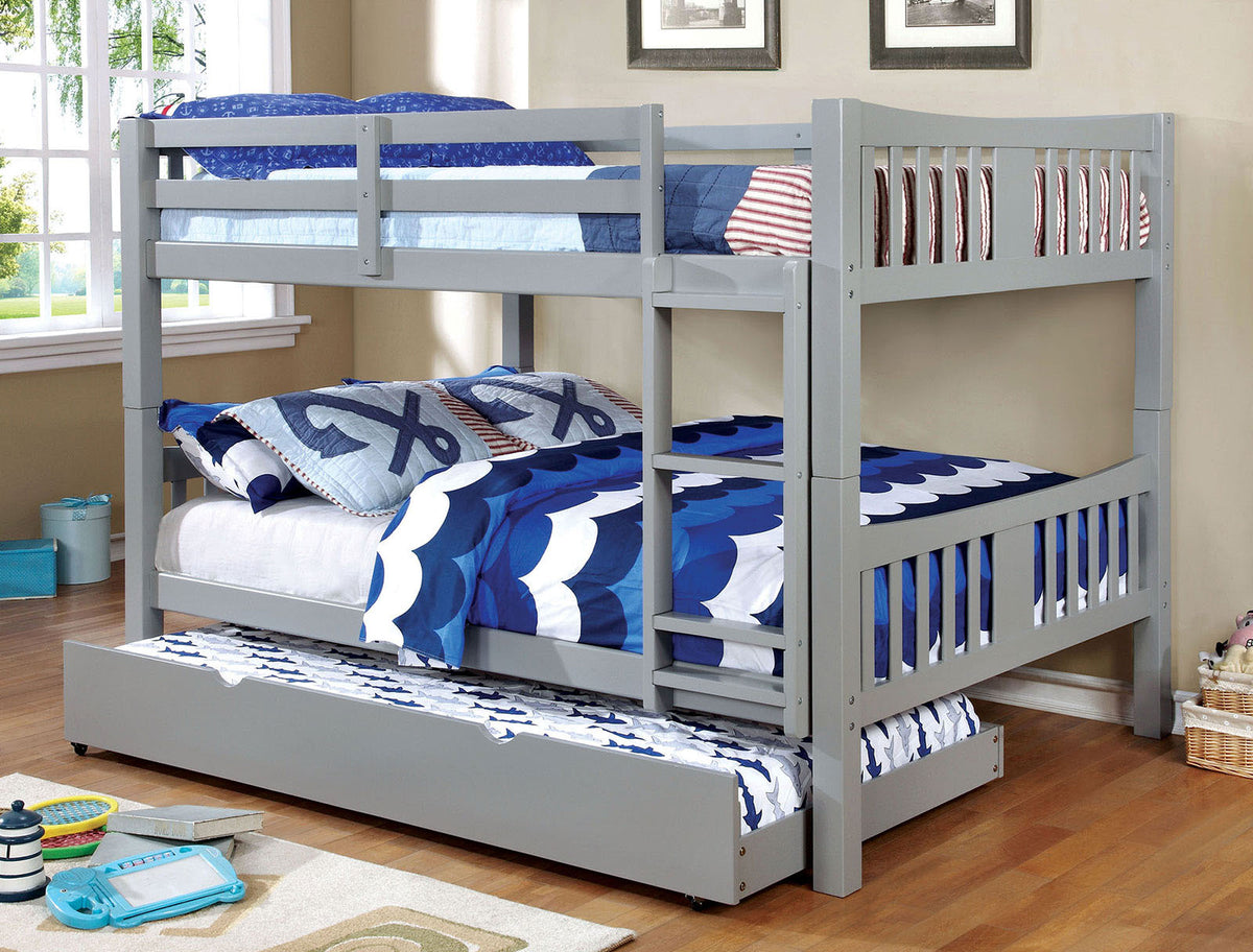 Full Over Full Bunk Bed Gray Finish Transitional Style Attached Ladder Upper Bed Rails Lock Joint Structure And Trundle-Included