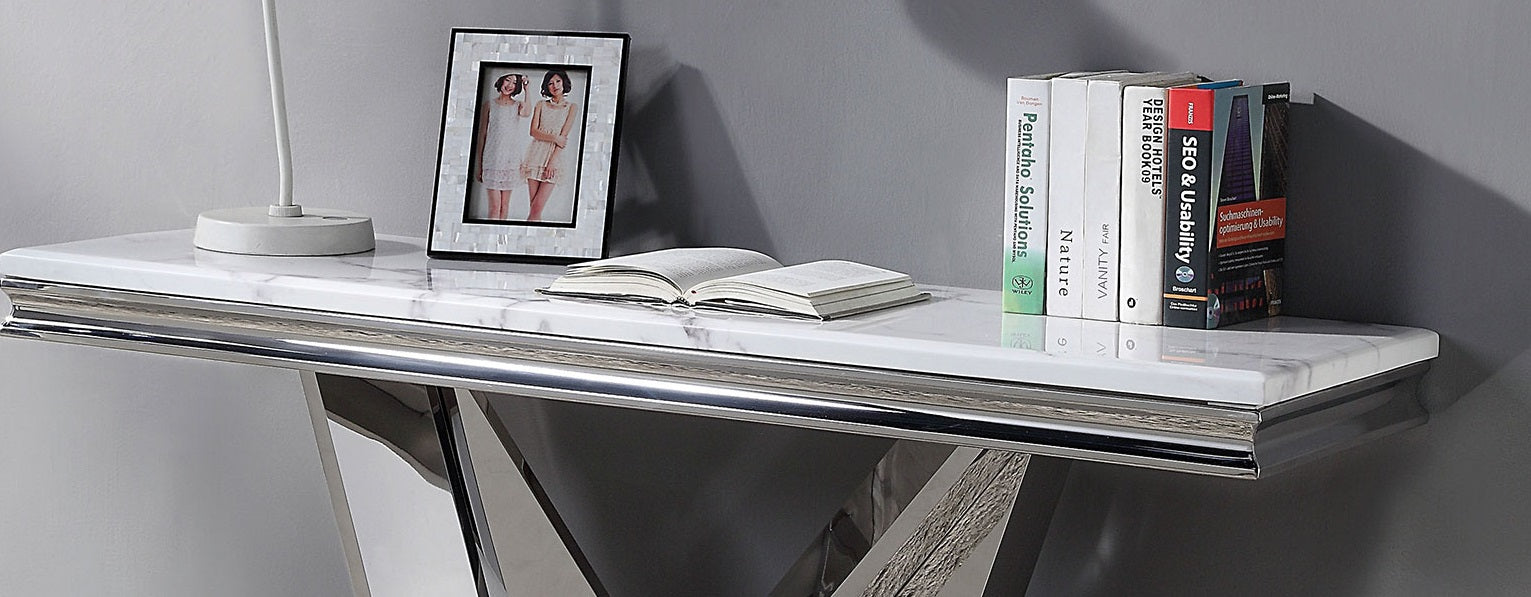 Glam Style Modern Sofa Table 1pc Stainless Steel Rectangular V-Shape Pedestal Base 18mm Faux Marble On Top Metal Structure Chroma Finish Coffee Table-Not Included