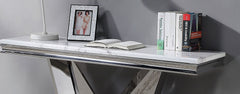 Glam Style Modern Sofa Table 1pc Stainless Steel Rectangular V-Shape Pedestal Base 18mm Faux Marble On Top Metal Structure Chroma Finish Coffee Table-Not Included