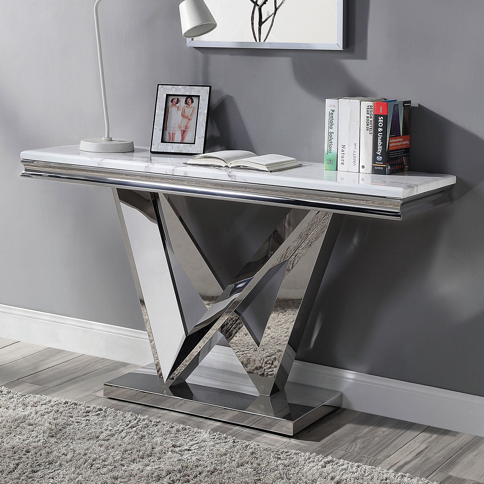 Glam Style Modern Sofa Table 1pc Stainless Steel Rectangular V-Shape Pedestal Base 18mm Faux Marble On Top Metal Structure Chroma Finish Coffee Table-Not Included