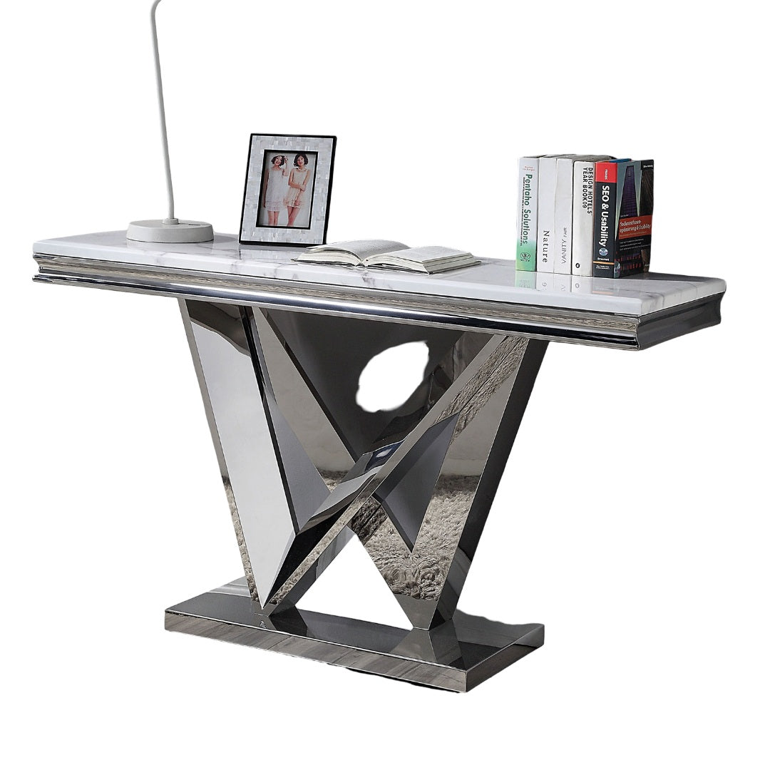 Glam Style Modern Sofa Table 1pc Stainless Steel Rectangular V-Shape Pedestal Base 18mm Faux Marble On Top Metal Structure Chroma Finish Coffee Table-Not Included