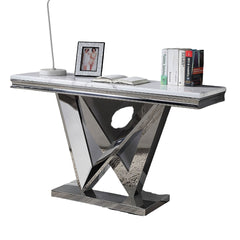 Glam Style Modern Sofa Table 1pc Stainless Steel Rectangular V-Shape Pedestal Base 18mm Faux Marble On Top Metal Structure Chroma Finish Coffee Table-Not Included