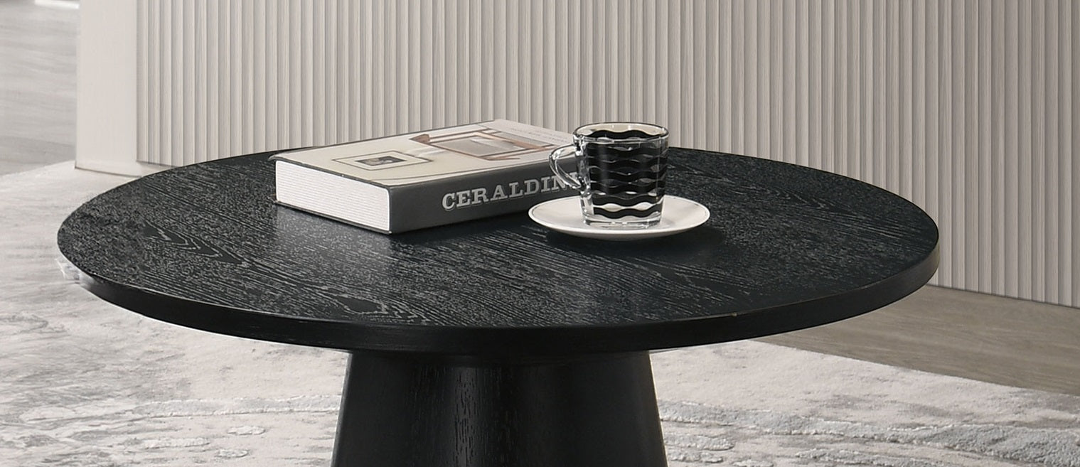 Modern Contemporary Style Round Coffee Table Cone Shape Base Pedestal Rubberwood Structure Black Finish