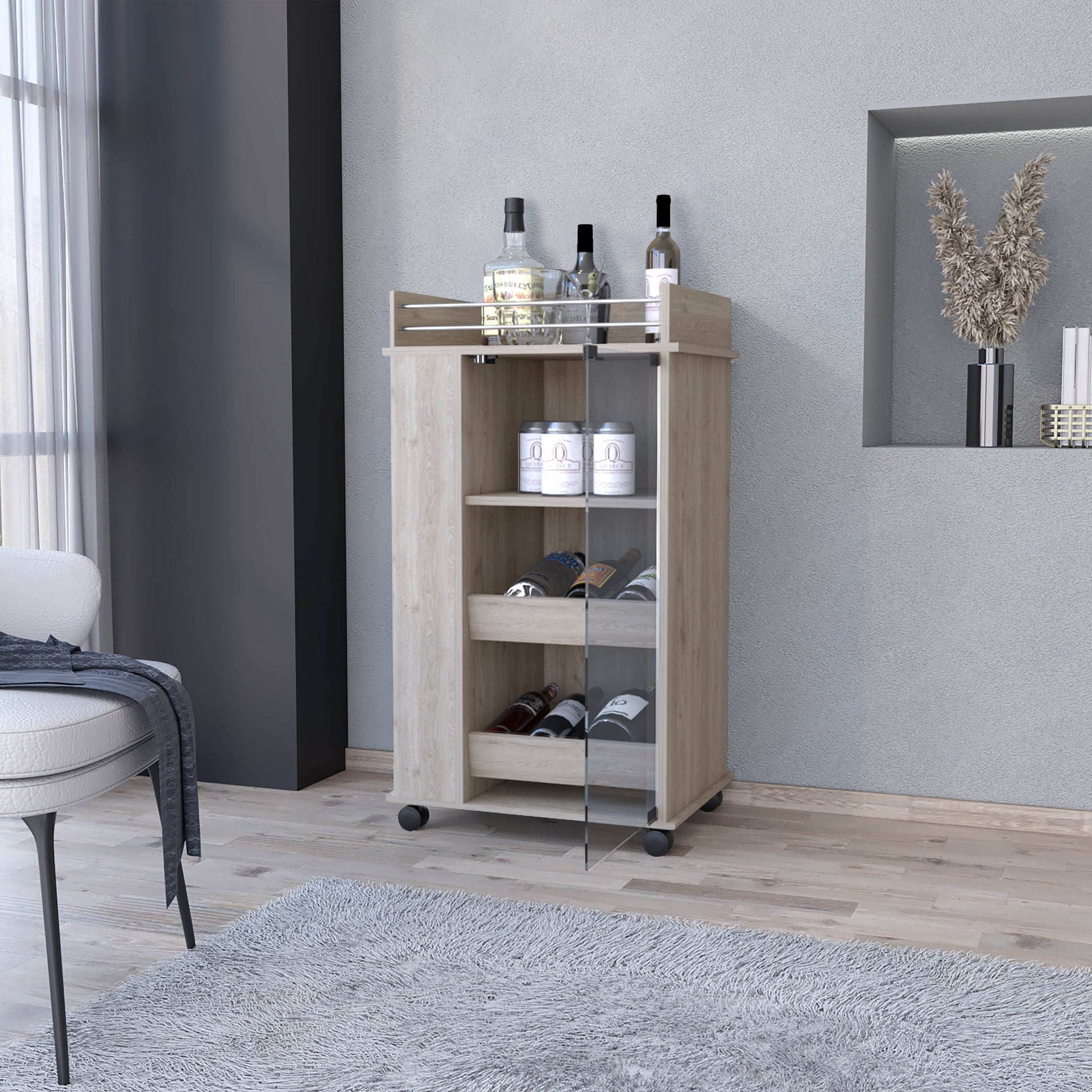 Willow Park Glass Door Bar Cart with Bottle Holder and Casters Light Gray