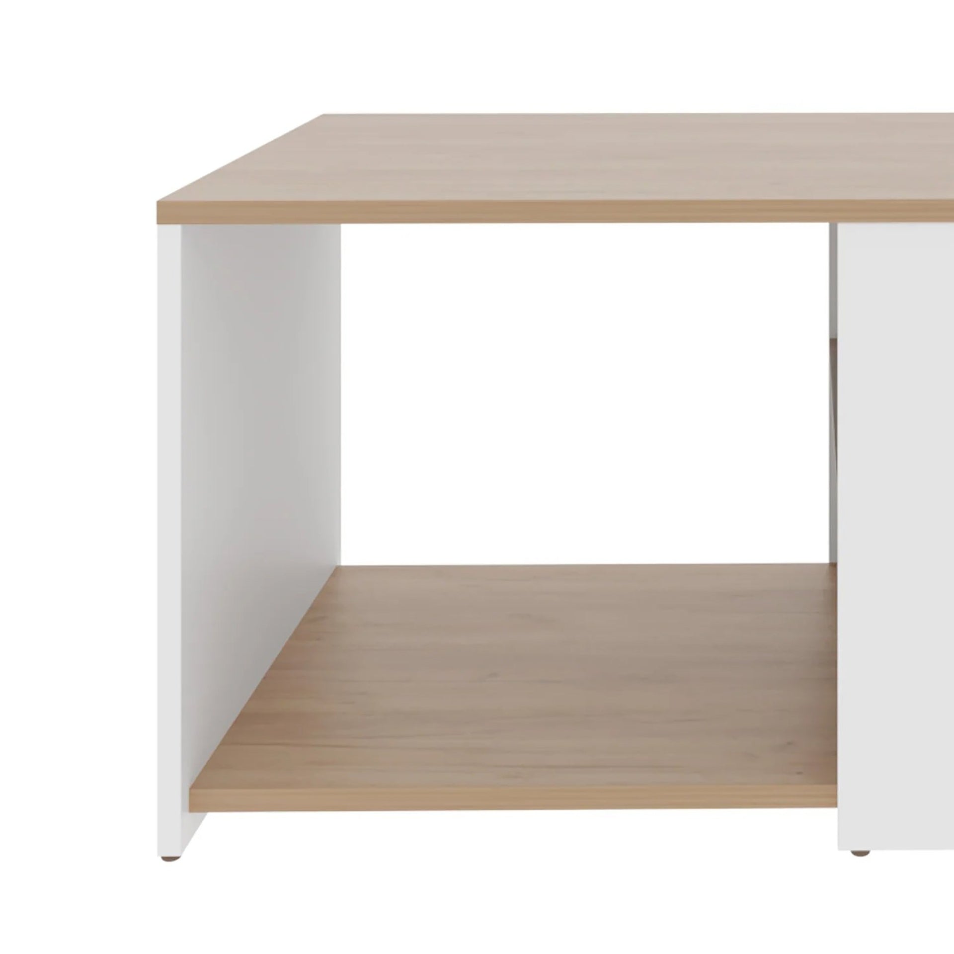 White and Natural Oak Coffee Table with Open Storage and Conical Legs