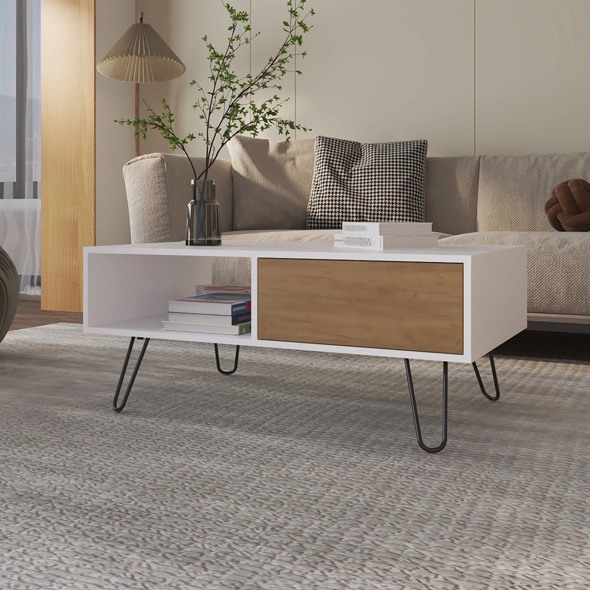 White and Natural Oak Coffee Table with 1-Drawer and Hairpin Legs
