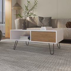 White and Natural Oak Coffee Table with 1-Drawer and Hairpin Legs