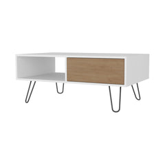 White and Natural Oak Coffee Table with 1-Drawer and Hairpin Legs