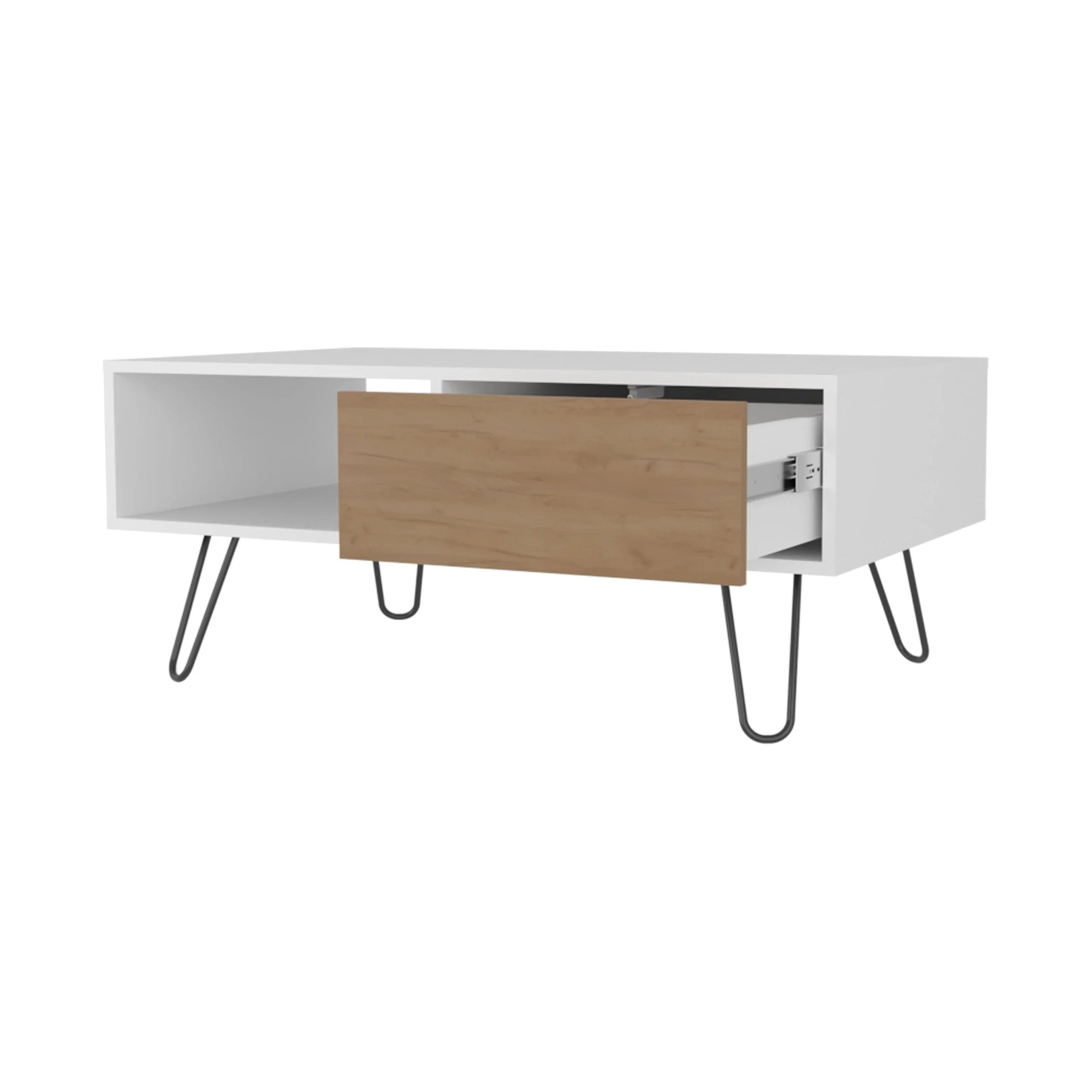 White and Natural Oak Coffee Table with 1-Drawer and Hairpin Legs
