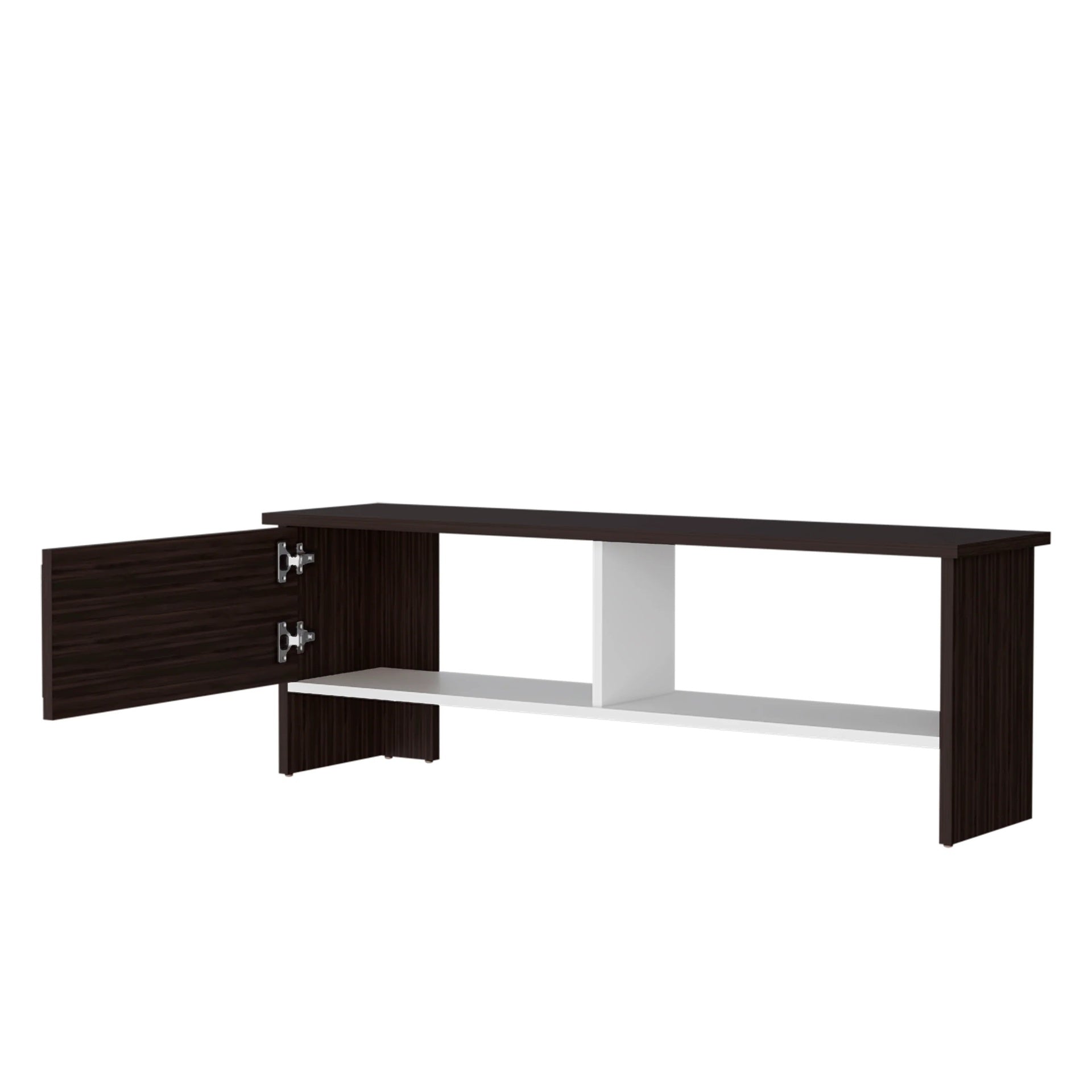 Walnut and White Entertainment Center with a Door and Open Storage