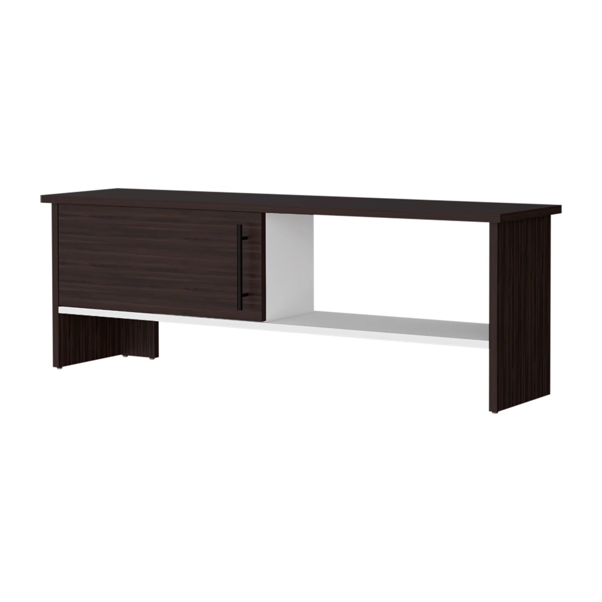 Walnut and White Entertainment Center with a Door and Open Storage