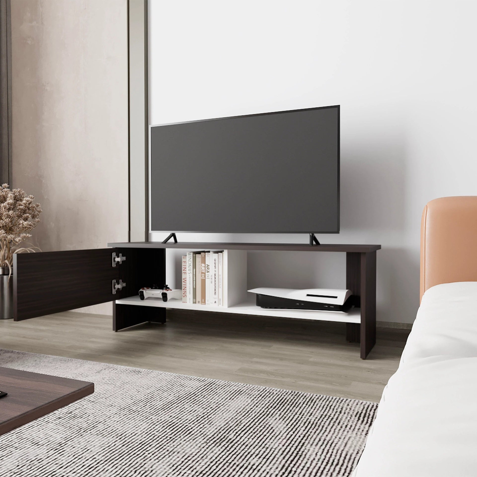 Walnut and White Entertainment Center with a Door and Open Storage