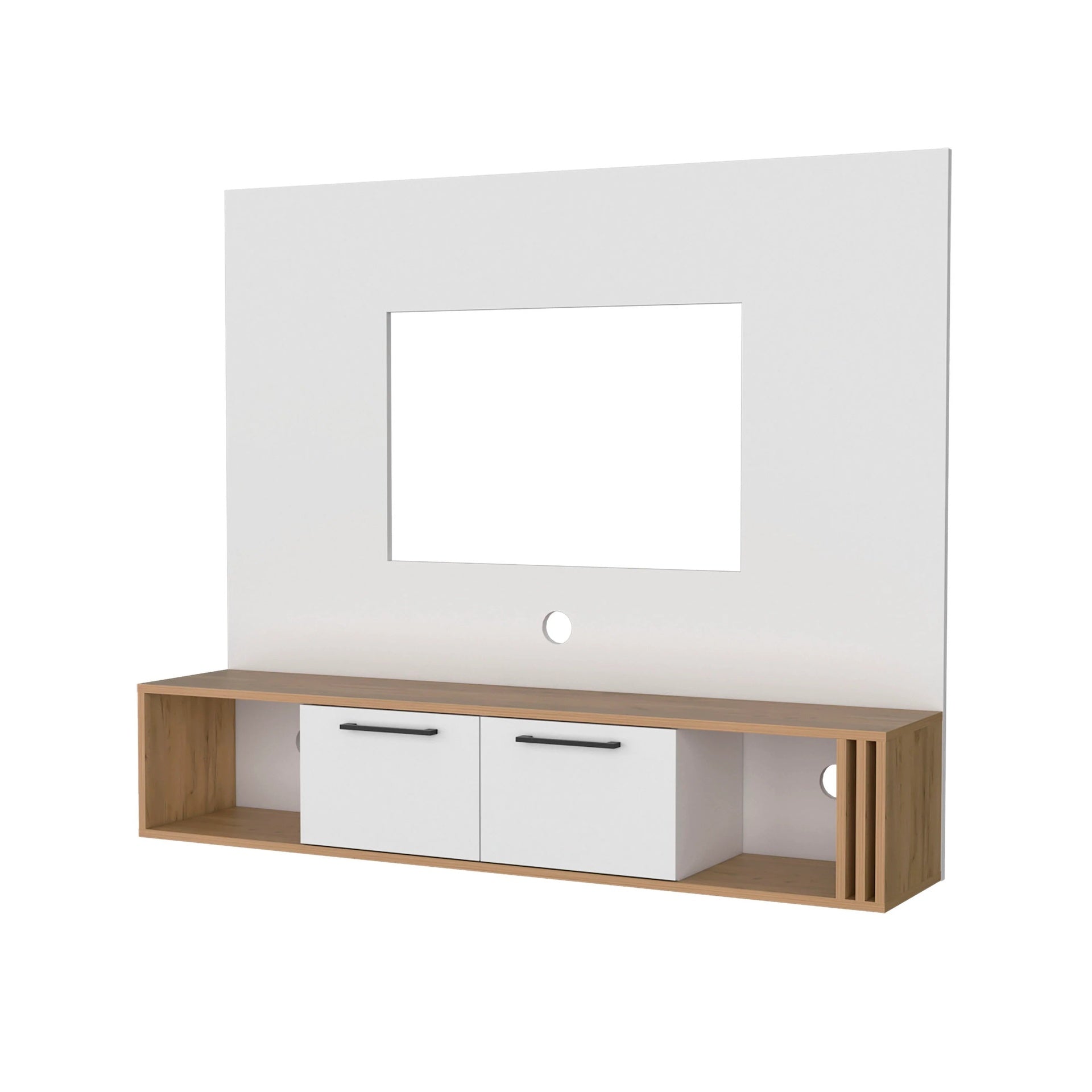 White and Natural Oak Entertainment Center Multistorage and Cable Management