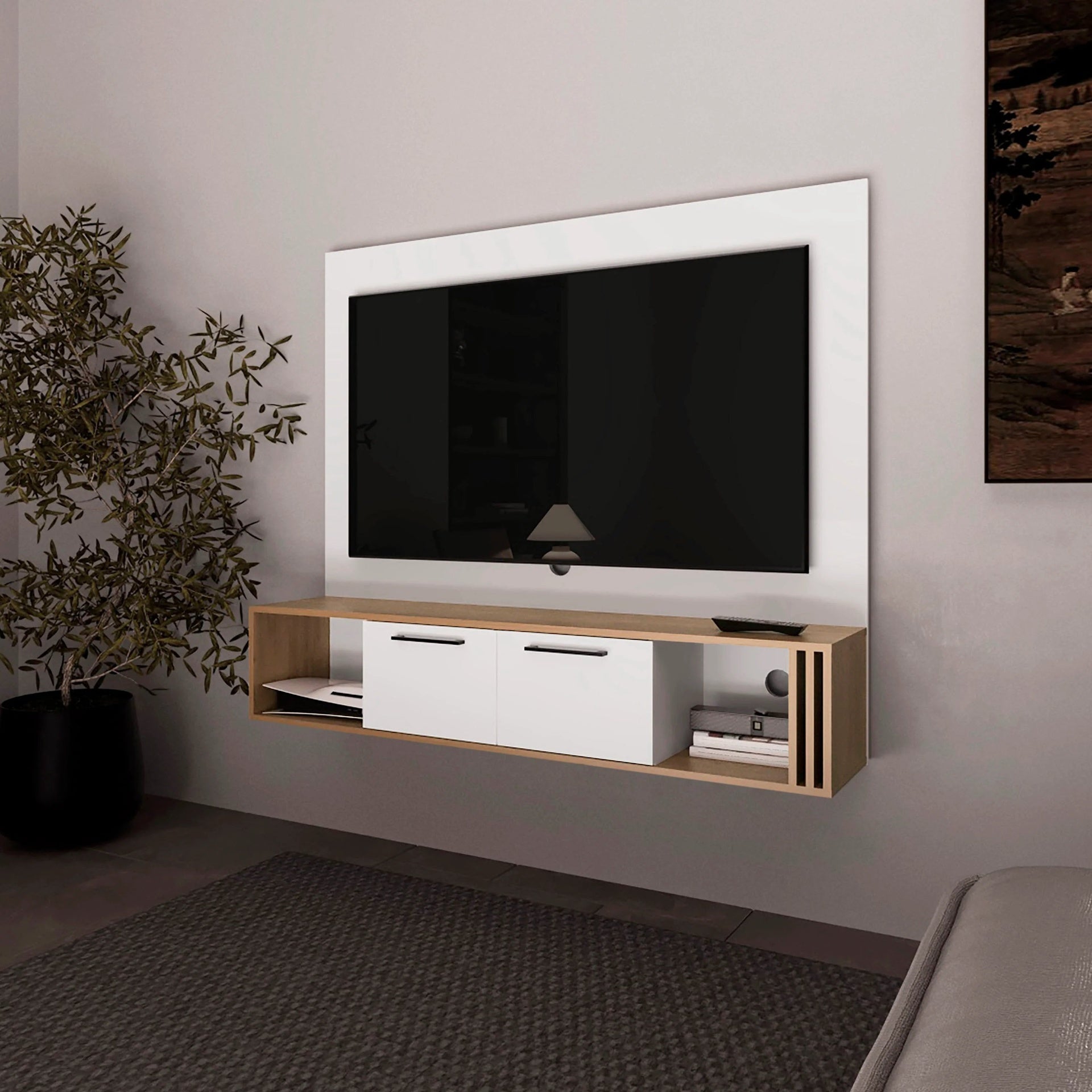White and Natural Oak Entertainment Center Multistorage and Cable Management