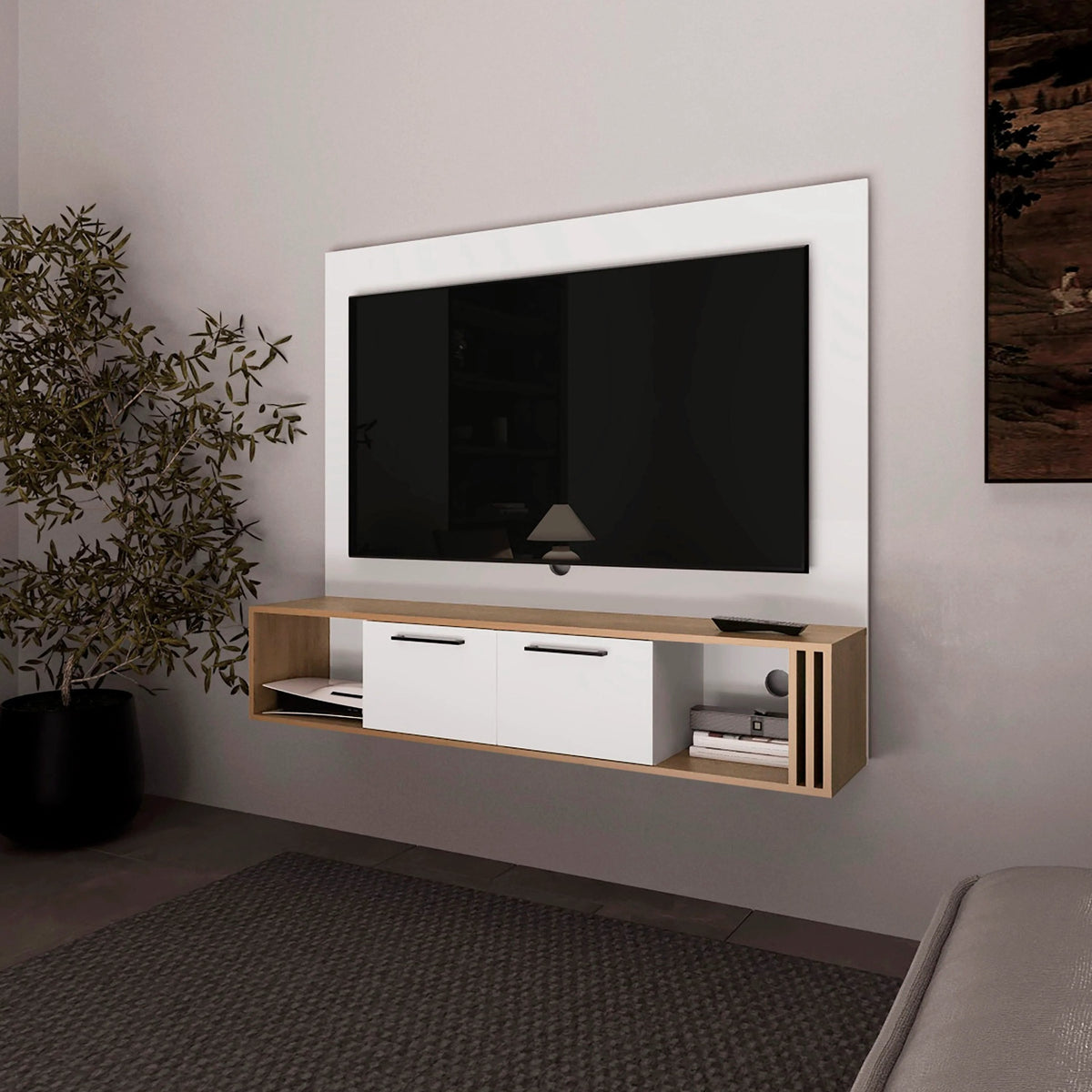 White and Natural Oak Entertainment Center Multistorage and Cable Management