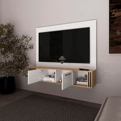 White and Natural Oak Entertainment Center Multistorage and Cable Management