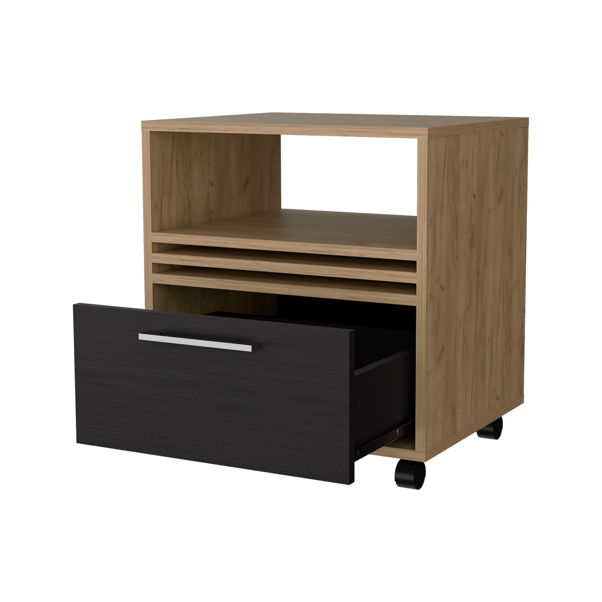 Natural Oak Nightstand with a Drawer and Open Storage
