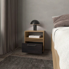 Natural Oak Nightstand with a Drawer and Open Storage