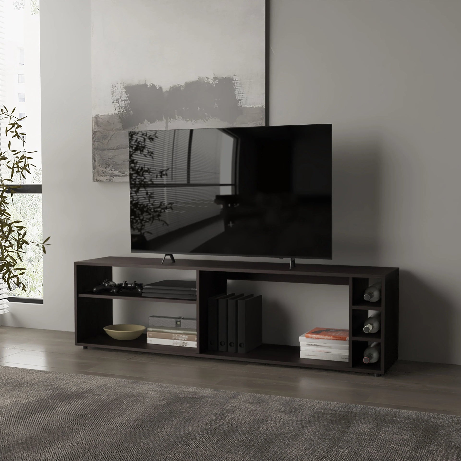 Wengue TV Stand for 70" Screen with Open Storage and Melamine Finish