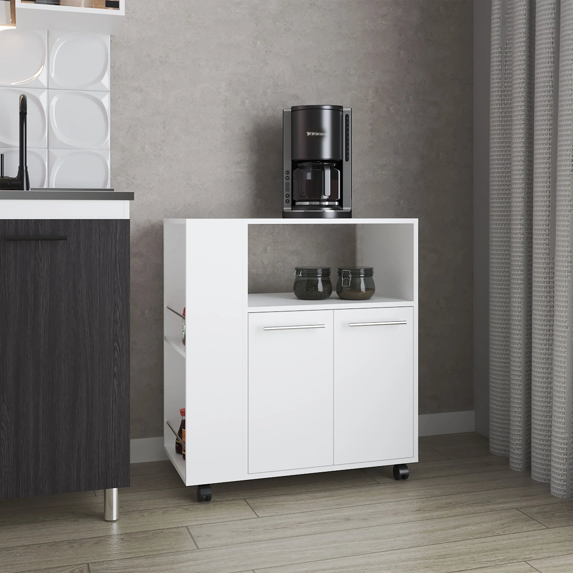 White Kitchen Cart with Microwave Shelf and Open Storage