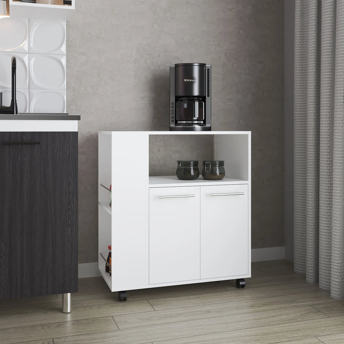 White Kitchen Cart with Microwave Shelf and Open Storage