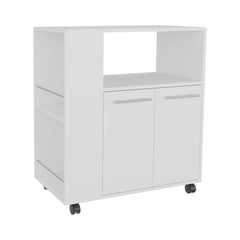 White Kitchen Cart with Microwave Shelf and Open Storage