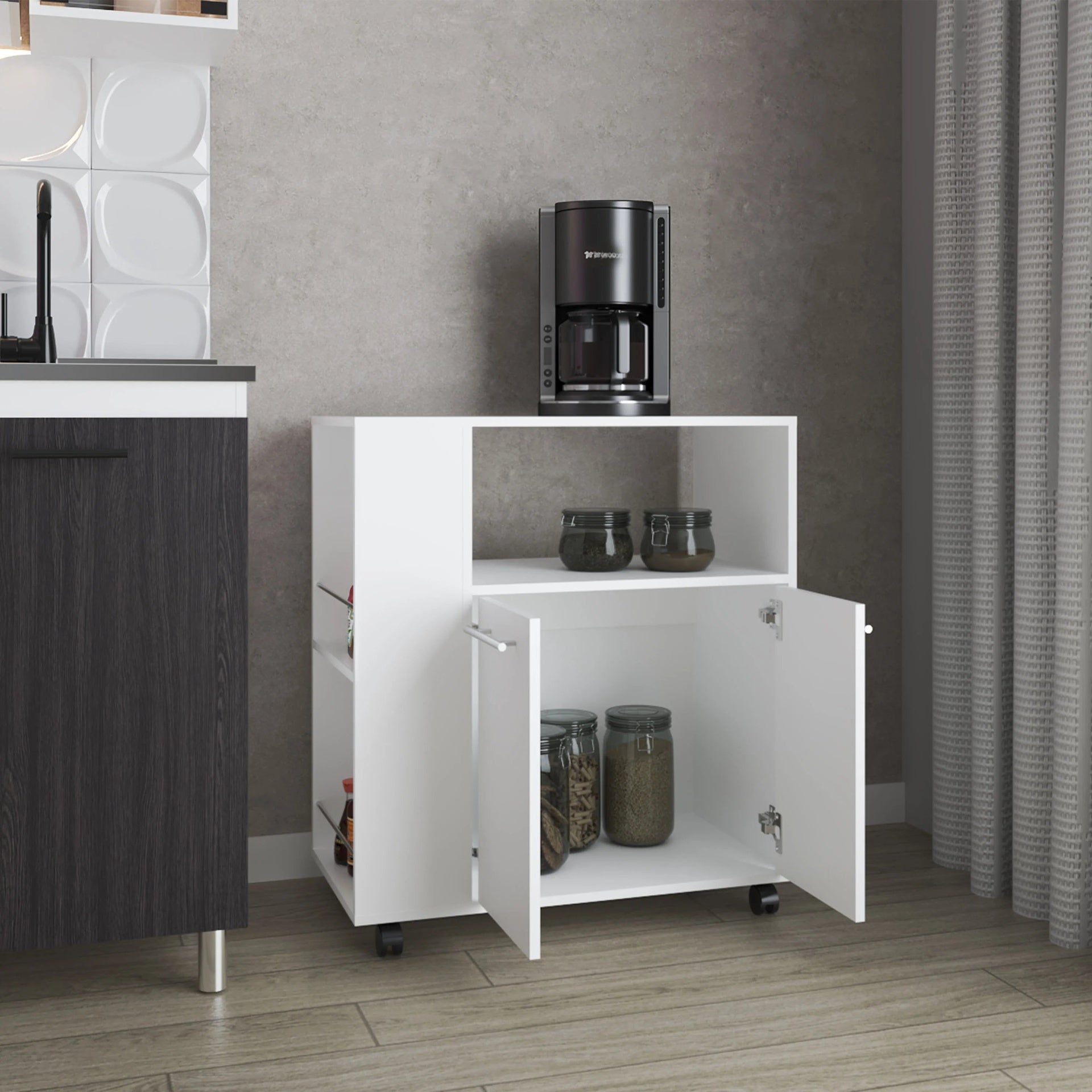 White Kitchen Cart with Microwave Shelf and Open Storage