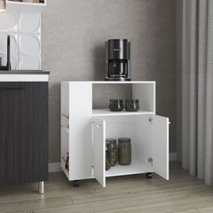 White Kitchen Cart with Microwave Shelf and Open Storage